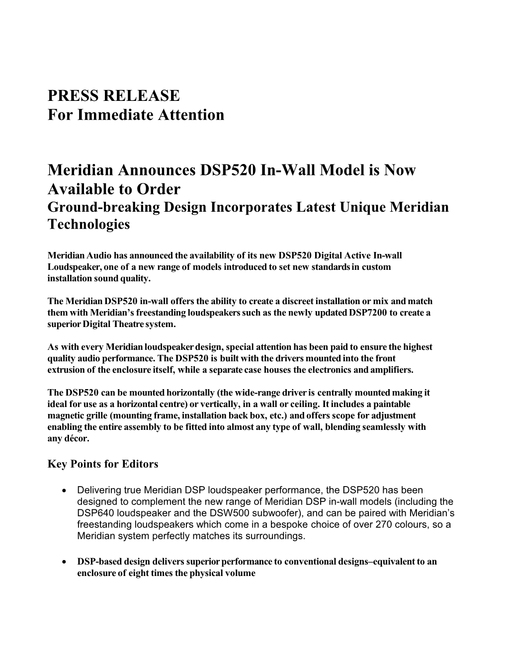 Meridian Announces DSP520 In-Wall Model Is Now Available to Order