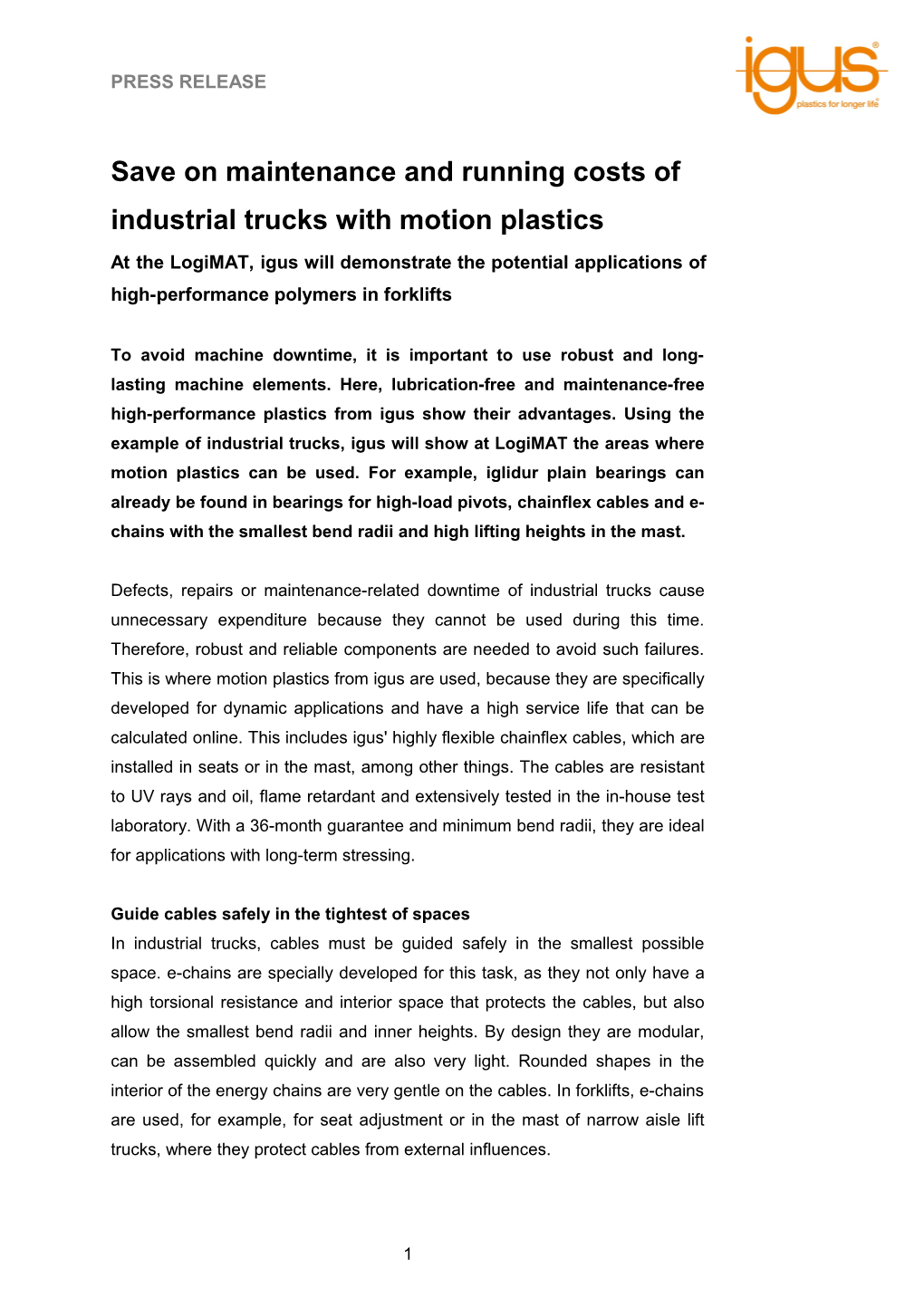 Save on Maintenance and Running Costs of Industrial Trucks with Motion Plastics