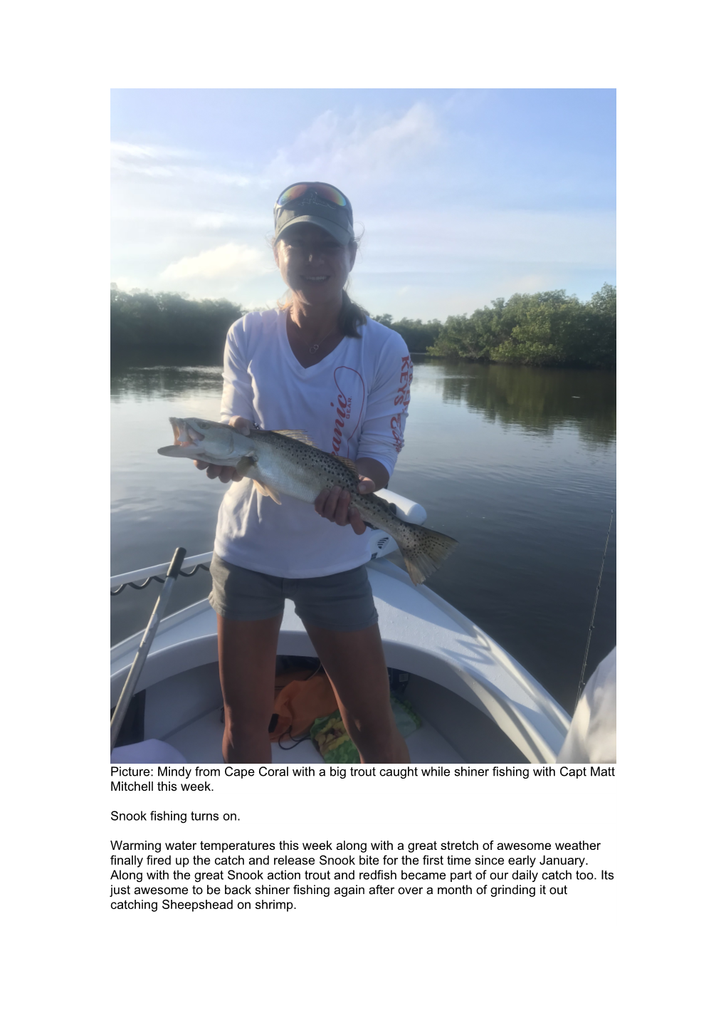 Picture: Mindy from Cape Coral with a Big Trout Caught While Shiner Fishing with Capt Matt