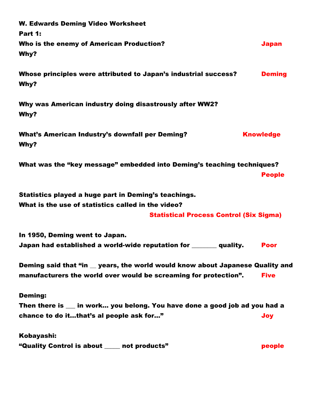 W. Edwards Deming Video Worksheet