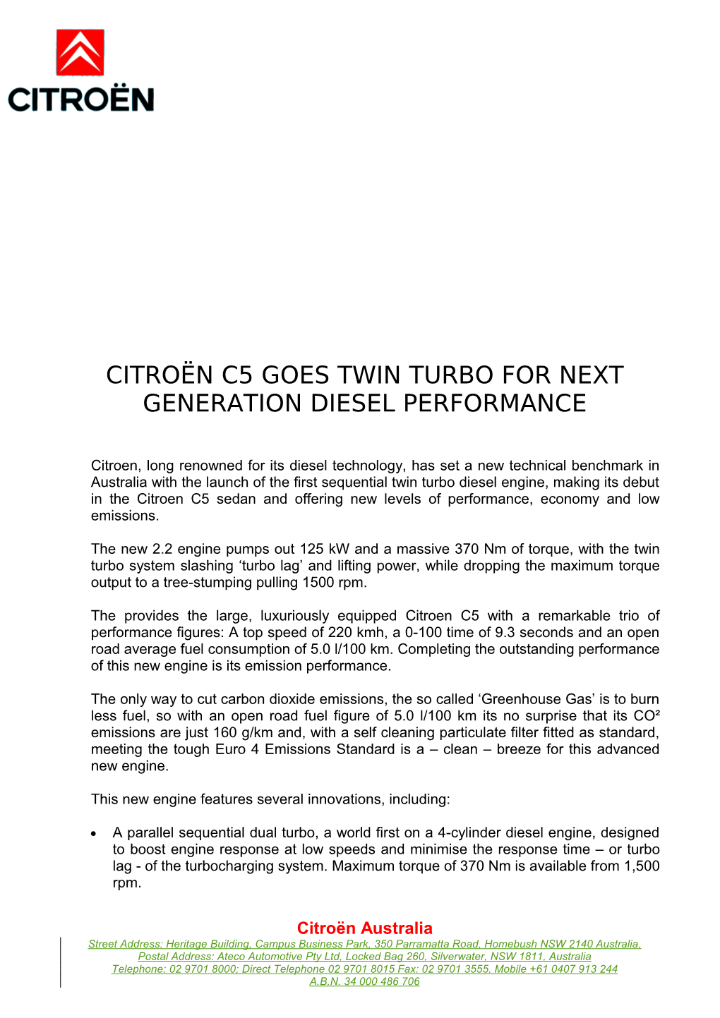 Citroën C5 Goes Twin Turbo for Next Generation Diesel Performance