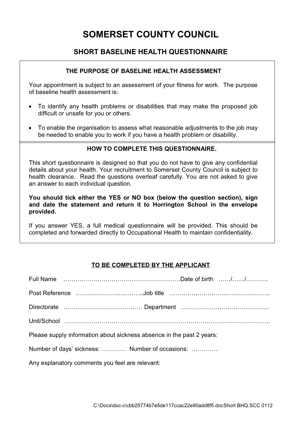 Pre-Employment Medical Assessment Questionnaire