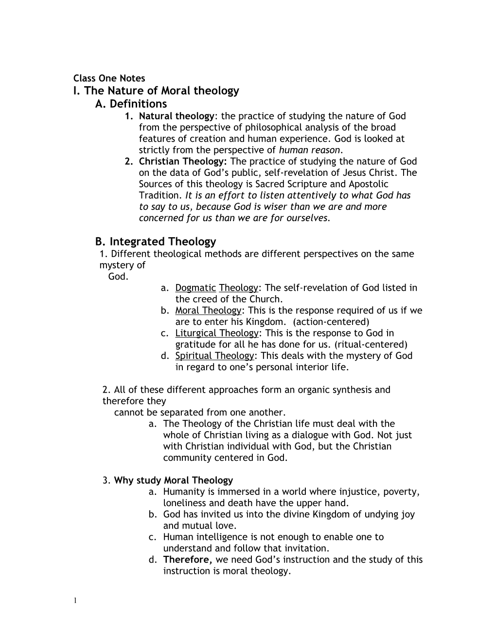 I. the Nature of Moral Theology