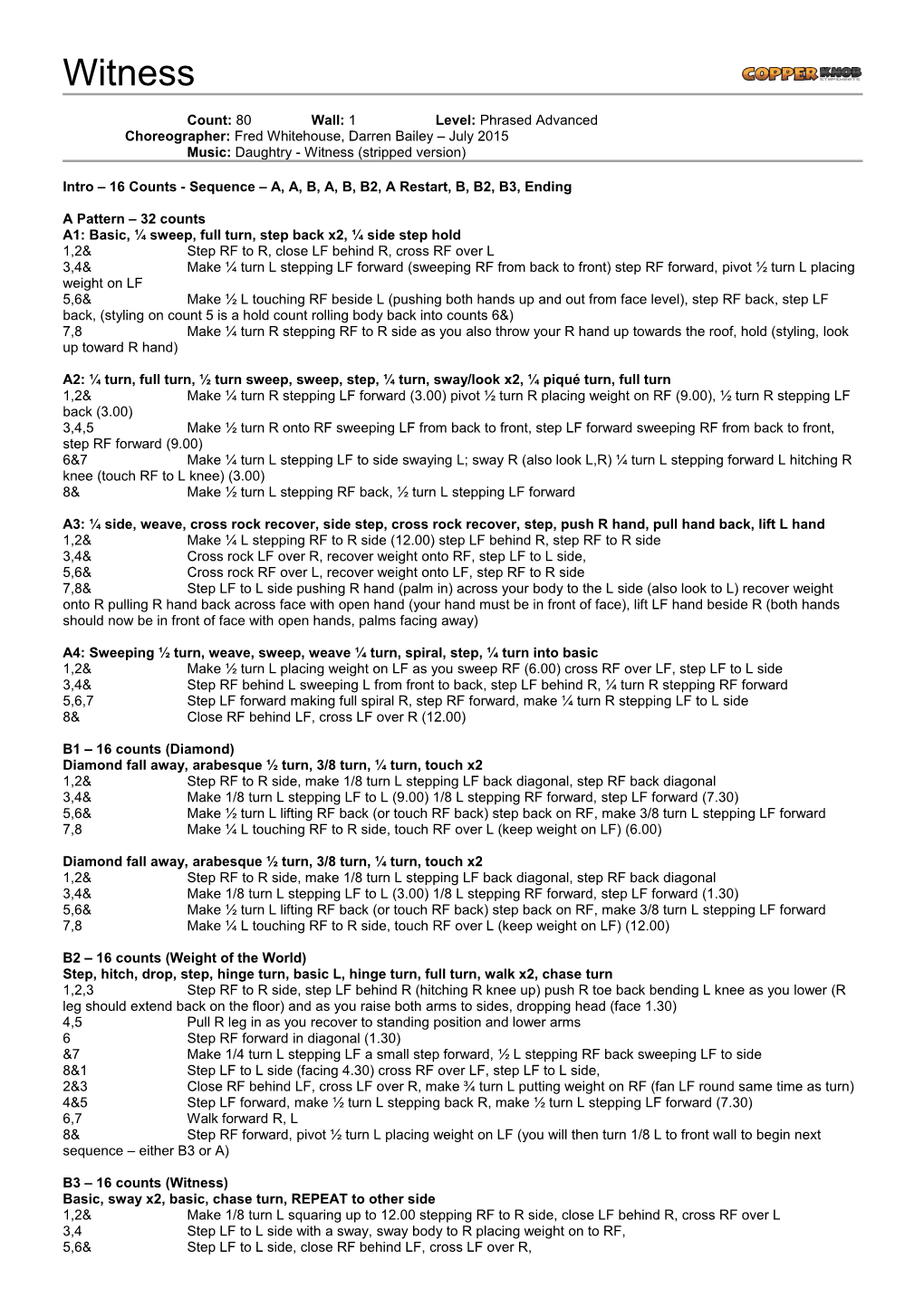 Copperknob - Linedance Stepsheets - Witness