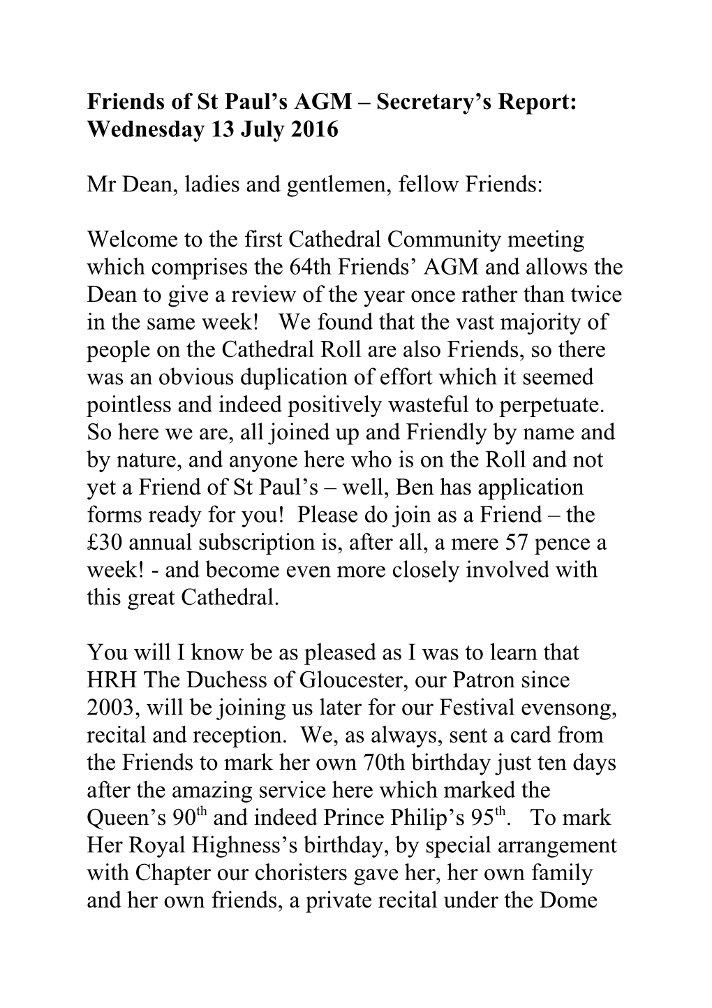 Friends of St Paul S AGM Secretary S Report: Wednesday 13 July 2016