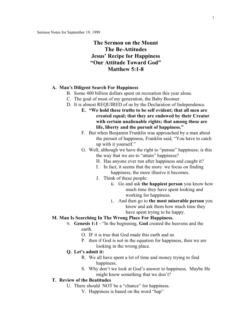 Sermon Notes for September 19, 1999