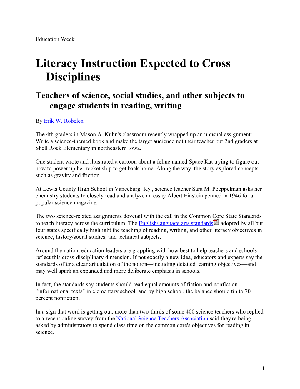 Literacy Instruction Expected to Cross Disciplines