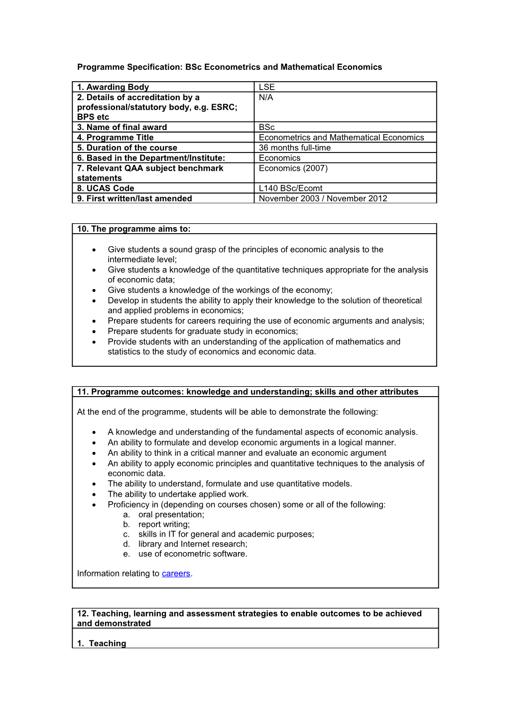 Programme Specification: Bsc Econometrics and Mathematical Economics