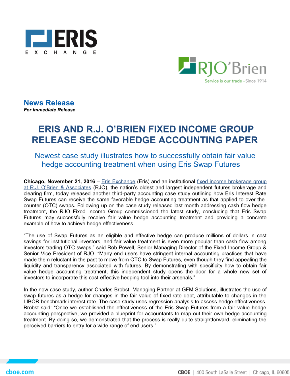 Eris and R.J. O Brien Fixed Income Group Release Second Hedge Accounting Paper