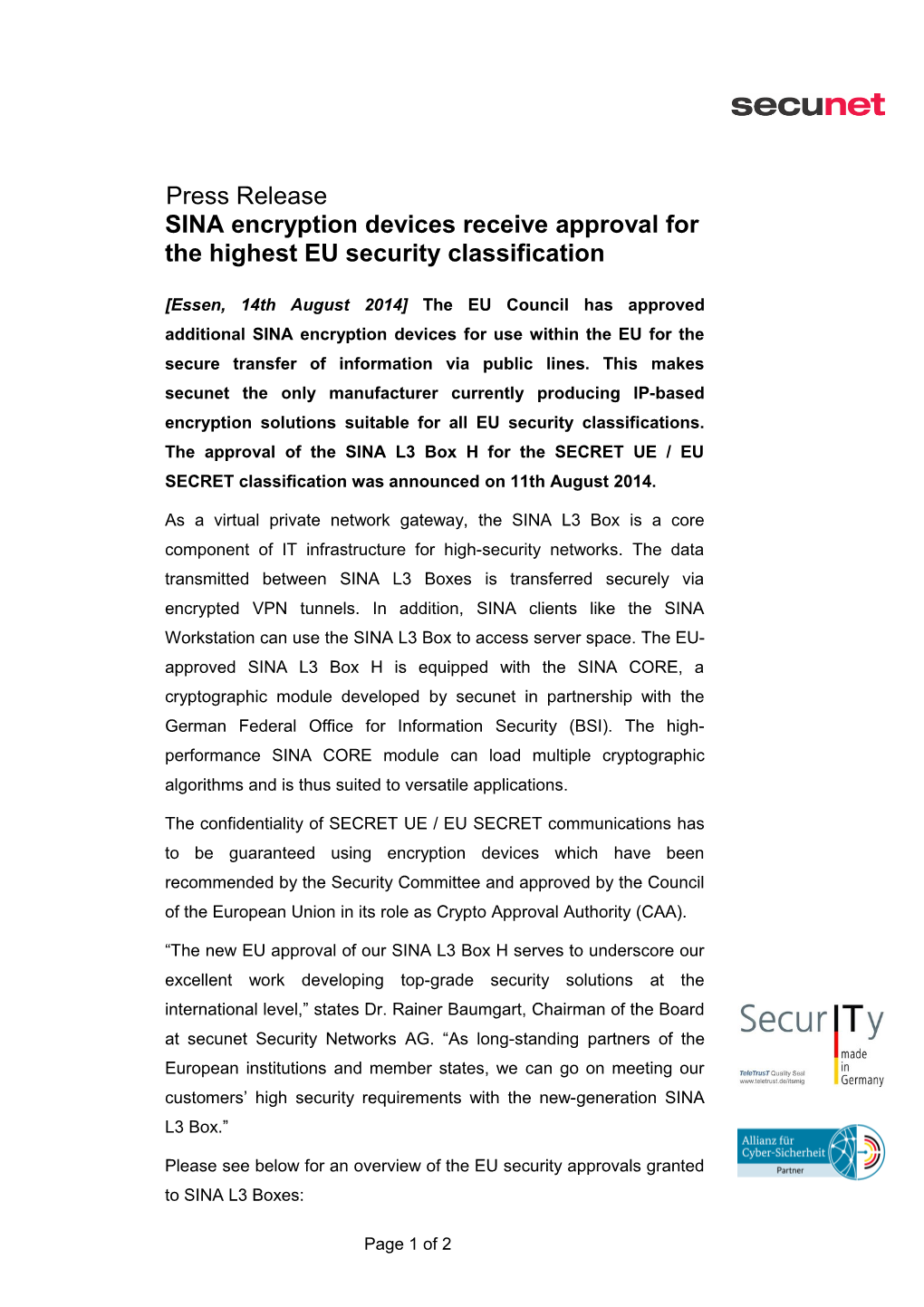 SINA Encryption Devices Receive Approval for the Highest EU Security Classification