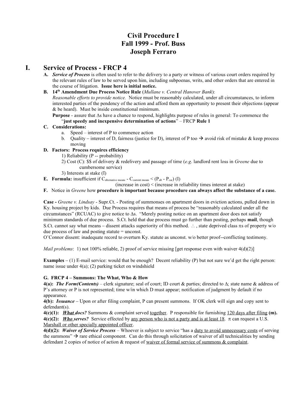 Civil Procedure I - Fall 1999 - Prof. Buss Joseph Ferraropage 1