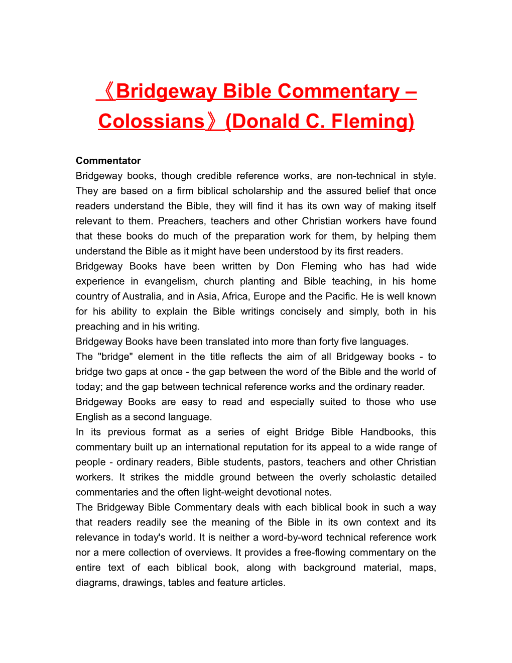 Bridgeway Bible Commentary Colossians (Donald C. Fleming)