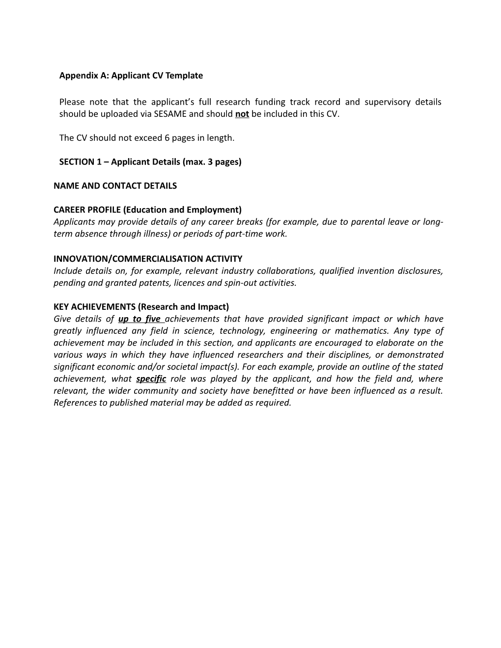 Appendix A: Applicant CV Template