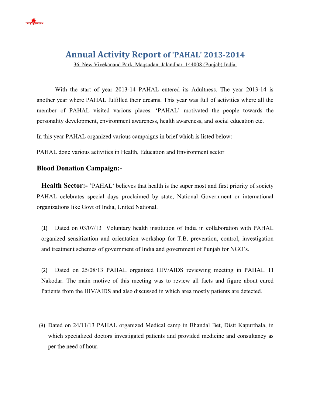 Annual Activity Report of 'PAHAL' 2013-2014