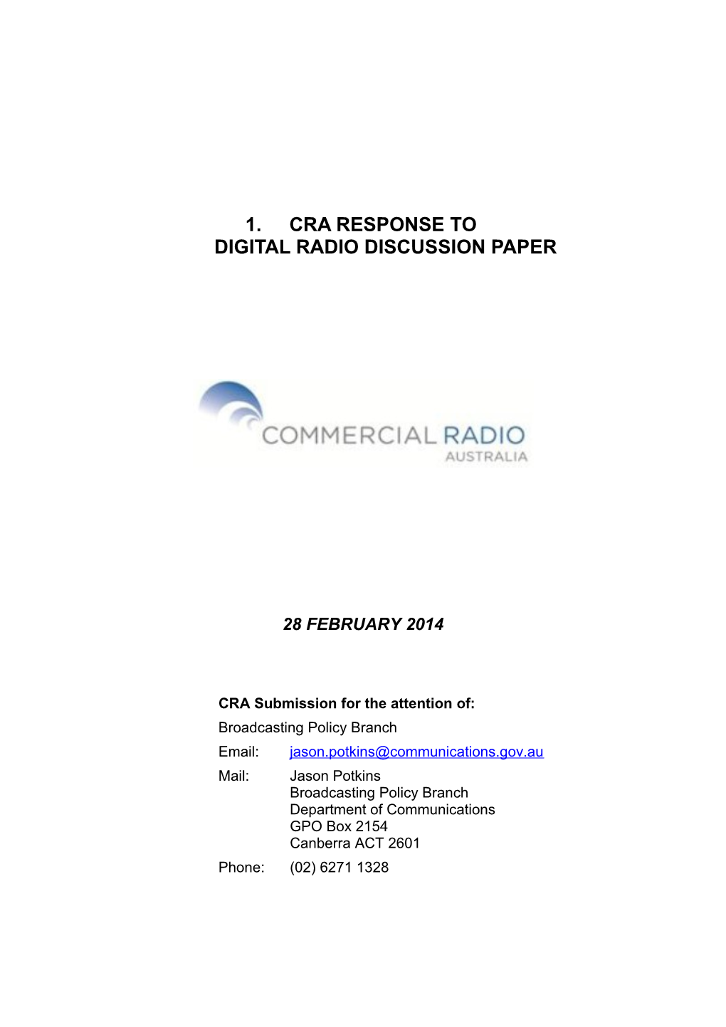 CRA Response to Digital Radio Discussion Paper
