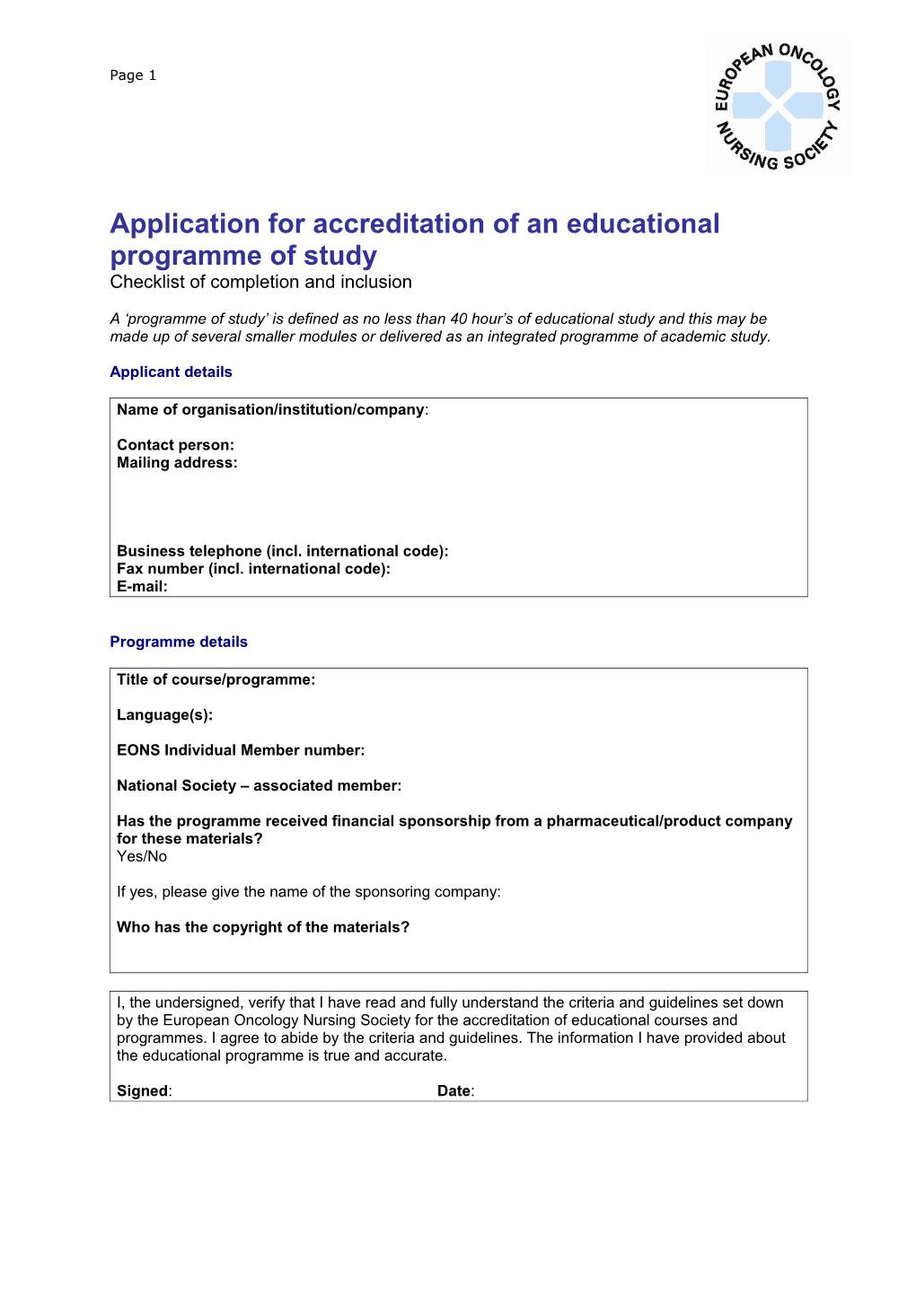 Application for Accreditation of an Educational Programme of Study