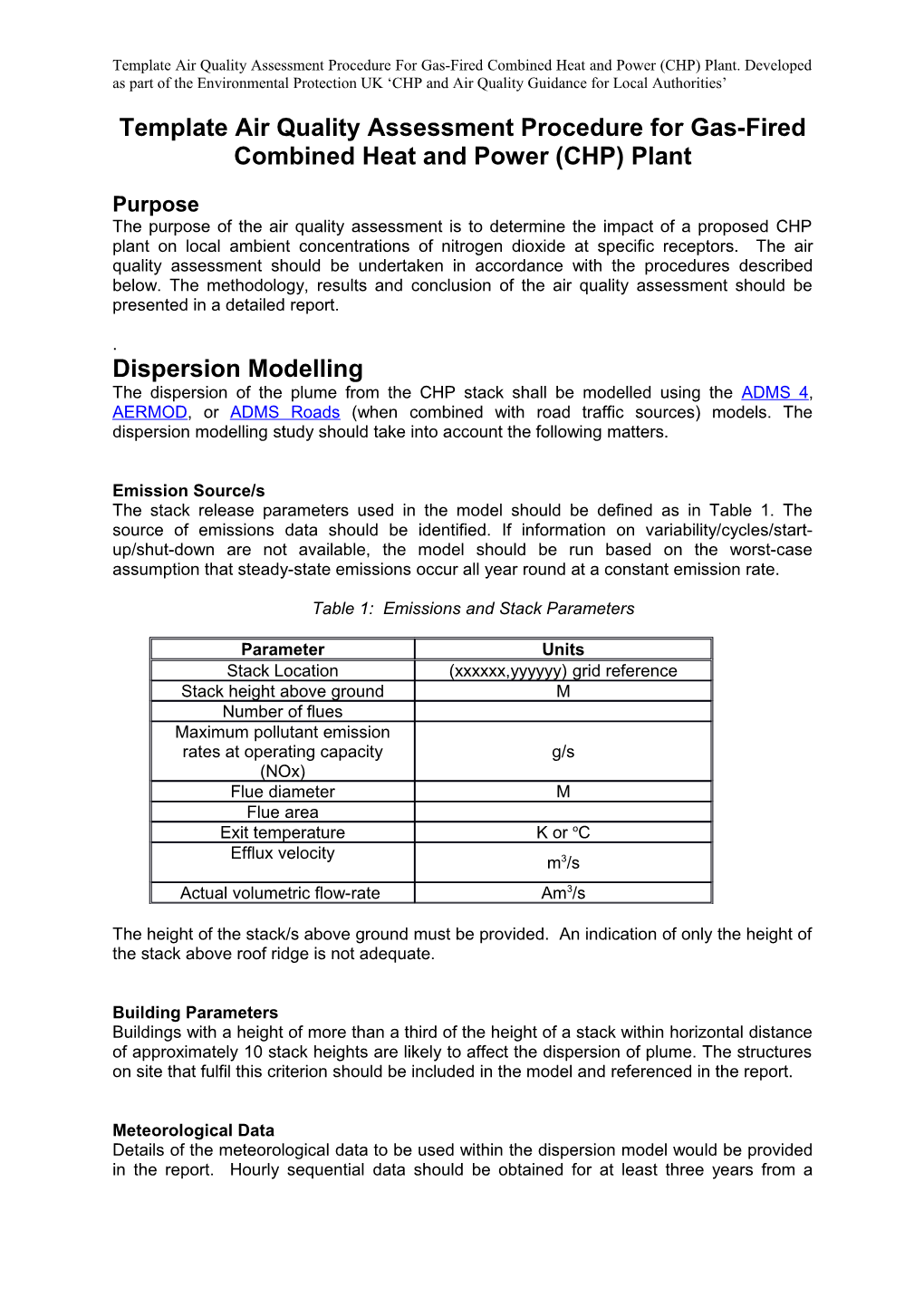 Template Air Quality Assessment Procedure Forgas-Fired Combined Heat and Power (CHP) Plant