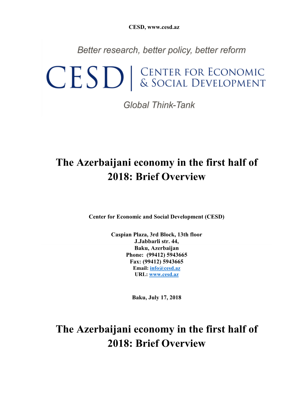 The Azerbaijani Economy in the First Half of 2018: Brief Overview