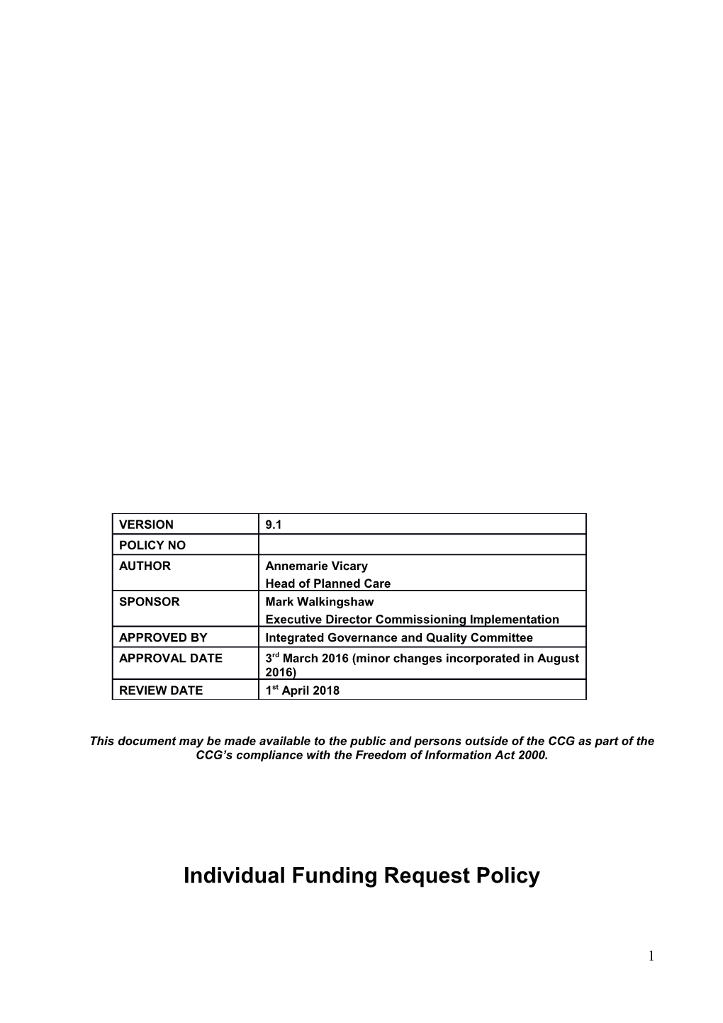 Individual Funding Request Policy