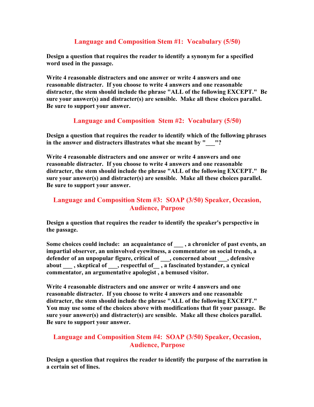 Language and Composition Stem #1: Vocabulary (5/50)