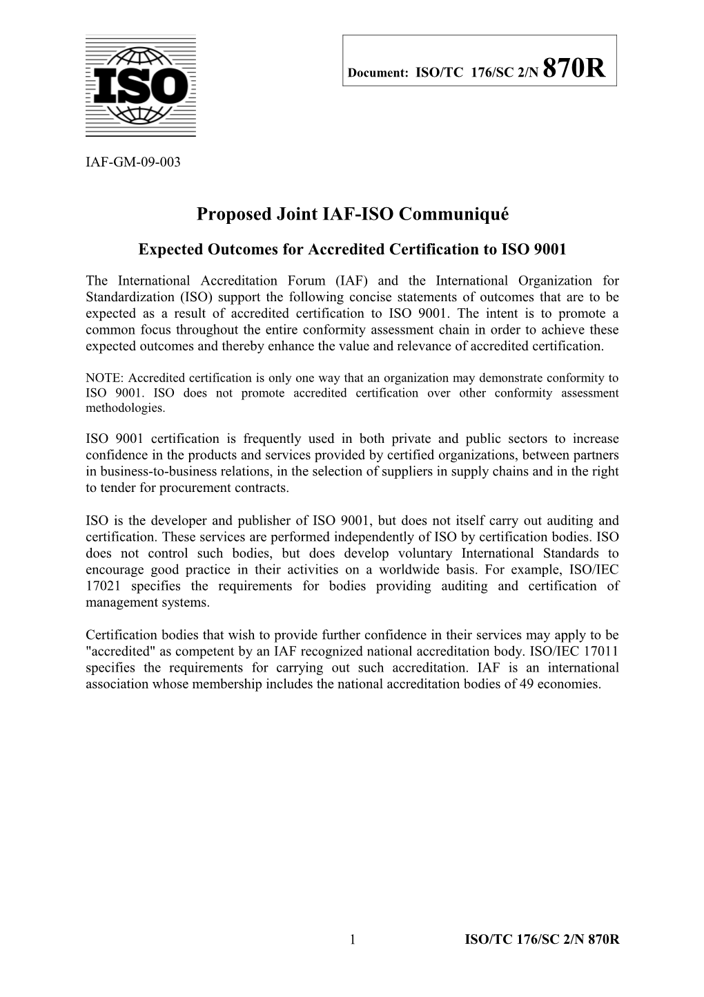 Proposed Joint IAF-ISO Communiqué