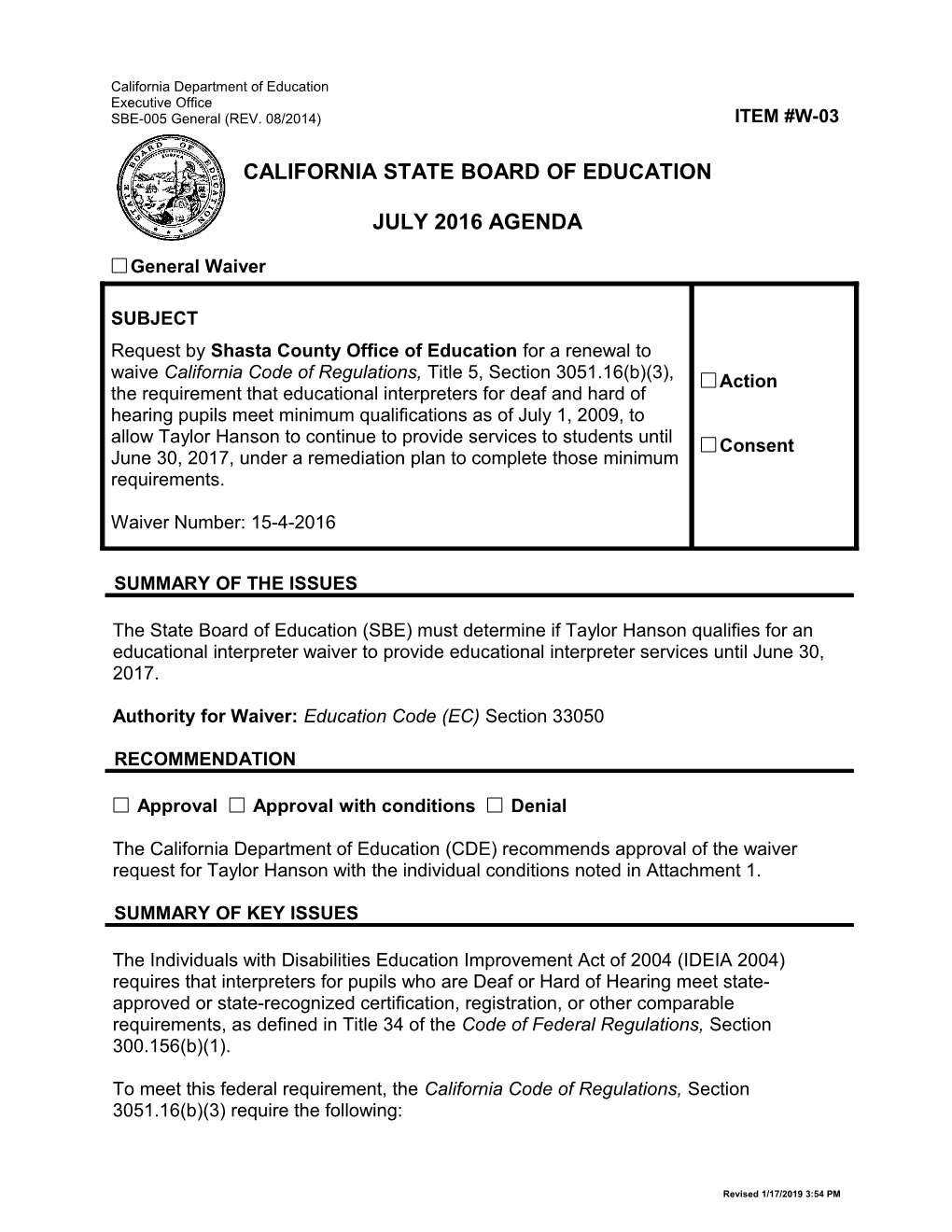 July 2016 Waiver Item W-03 - Meeting Agendas (CA State Board of Education)