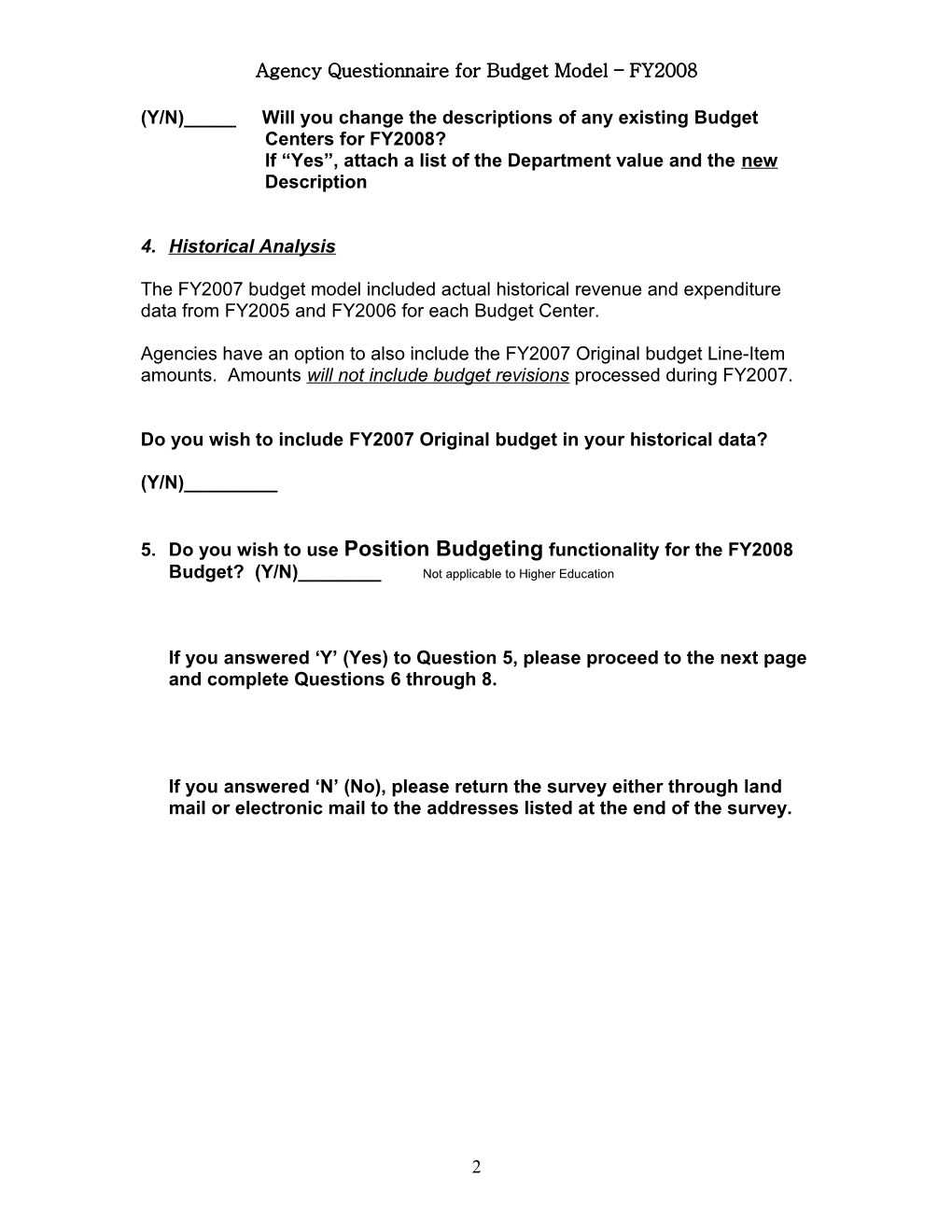 Agency Questionnaire for Budget Model FY2007