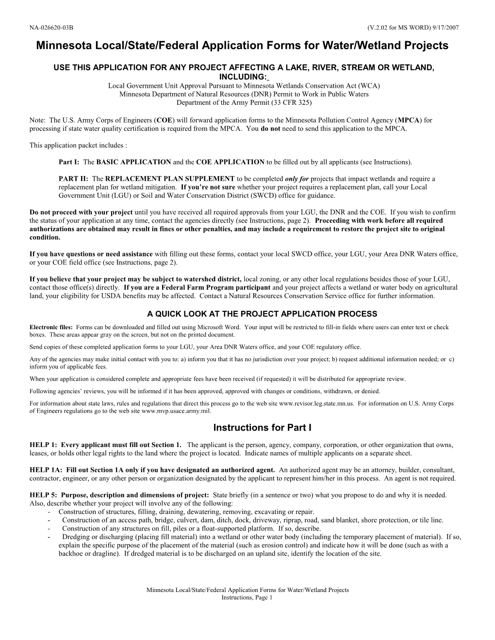 Minnesota Local/State/Federal Application Forms for Water/Wetland Projects