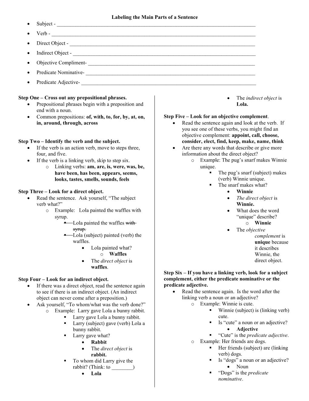 Labeling the Main Parts of a Sentence