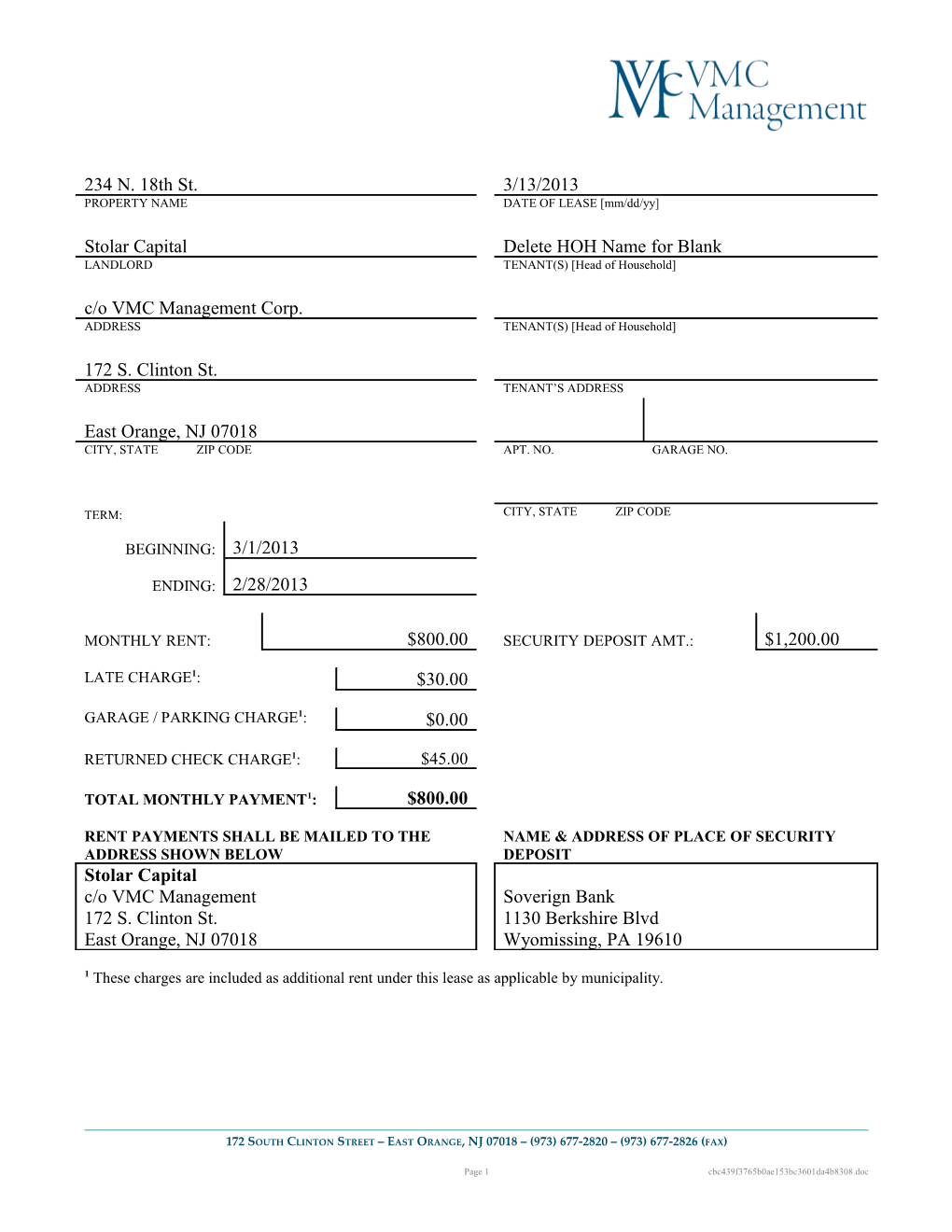 Lease Agreement Vmc Management Corp