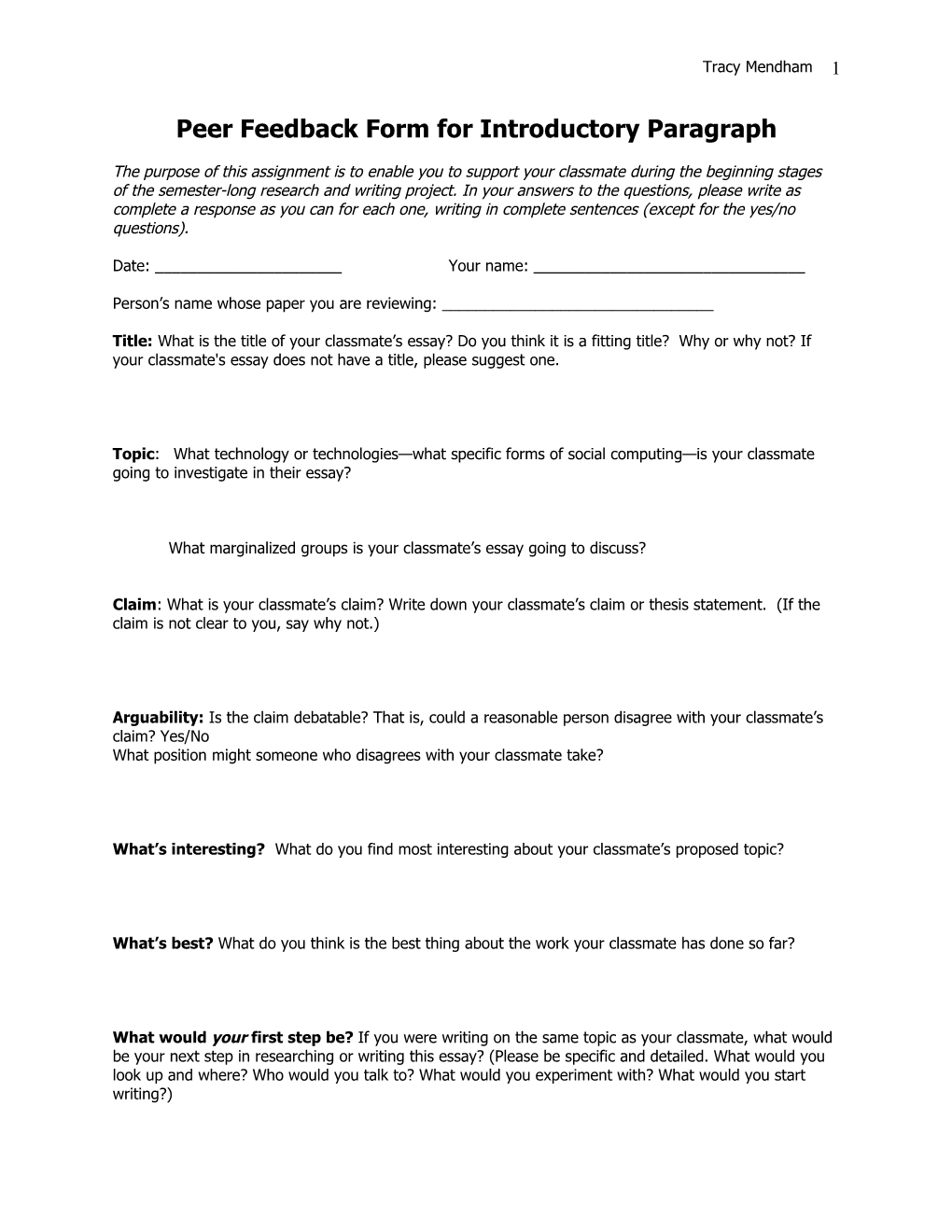 Peer Feedback Form for Introductory Paragraph