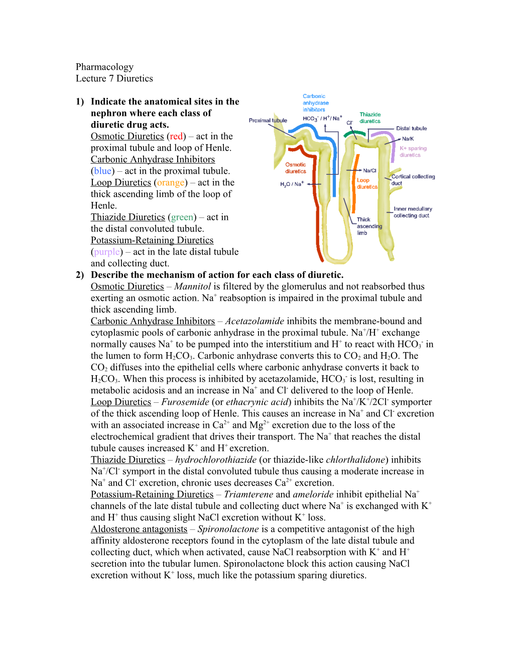 1)Indicate the Anatomical Sites in the Nephron Where Each Class of Diuretic Drug Acts