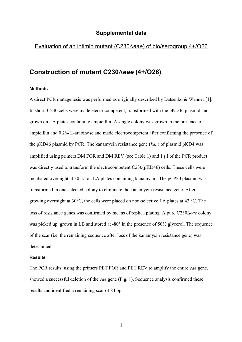 Supplemental Data: Evaluation of an Intimin Mutant (C230deae) of Bio/Serogroup 4+/O26