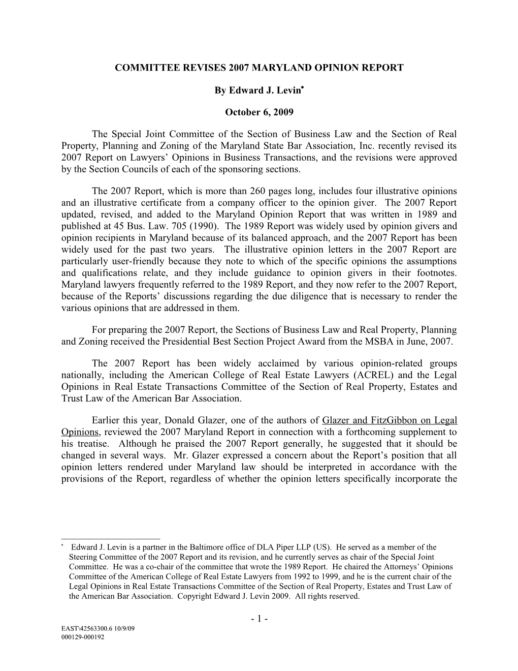Committee Revises 2007 Maryland Opinion Report