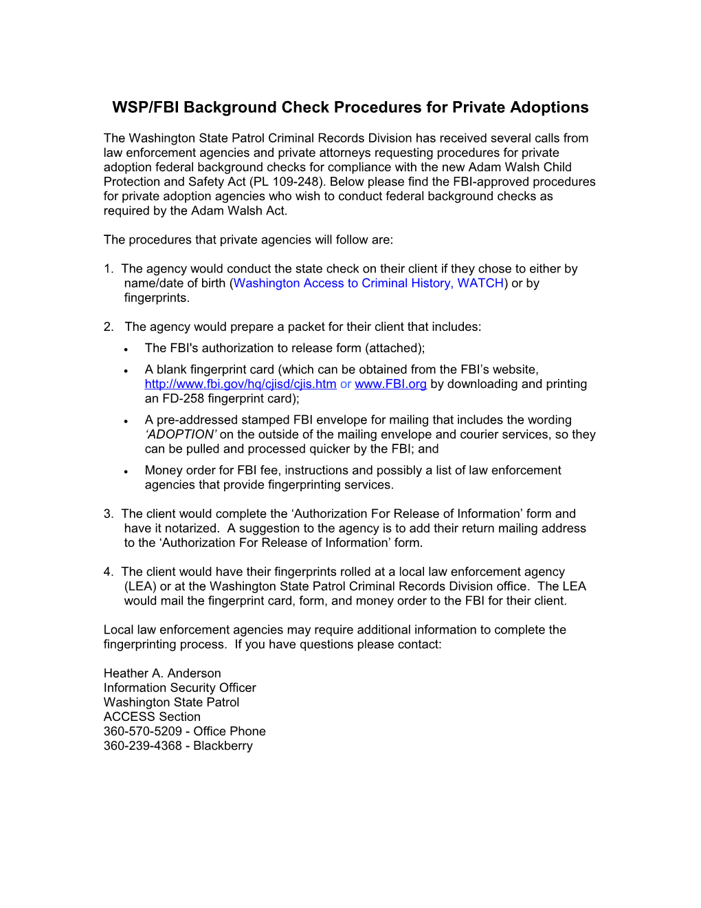 WSP/FBI Background Check Procedures for Private Adoptions