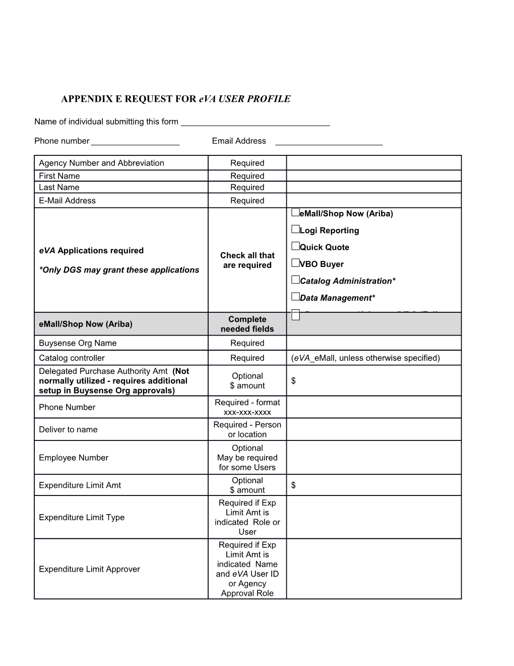 APPENDIX E REQUEST for Eva USER PROFILE