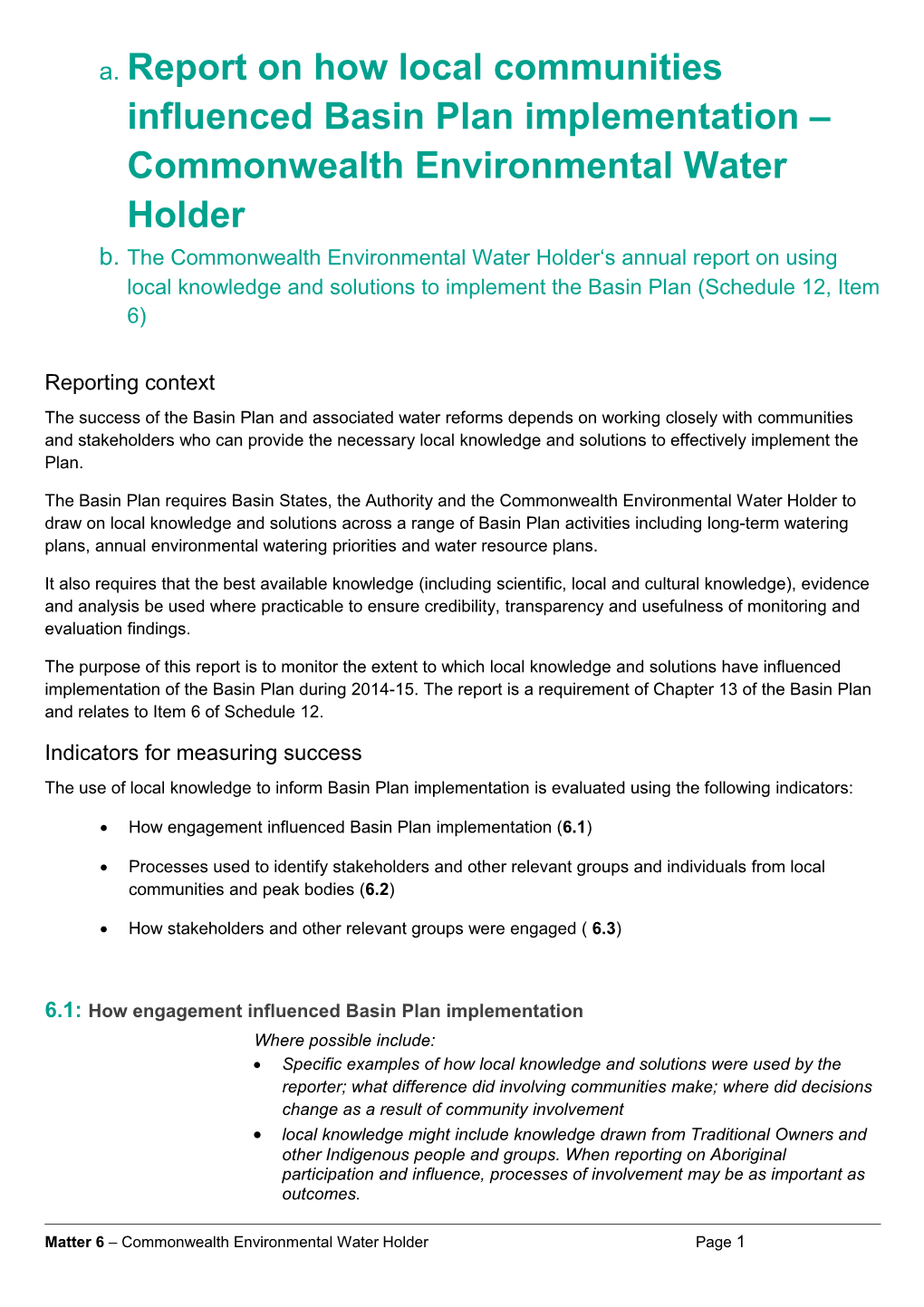 CEWH Matter 6 Reporting 2014-15