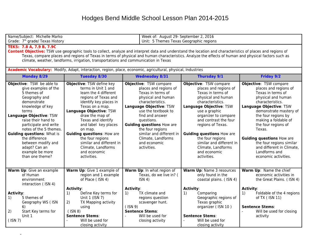 Hodges Bend Middle School Lesson Plan2014-2015