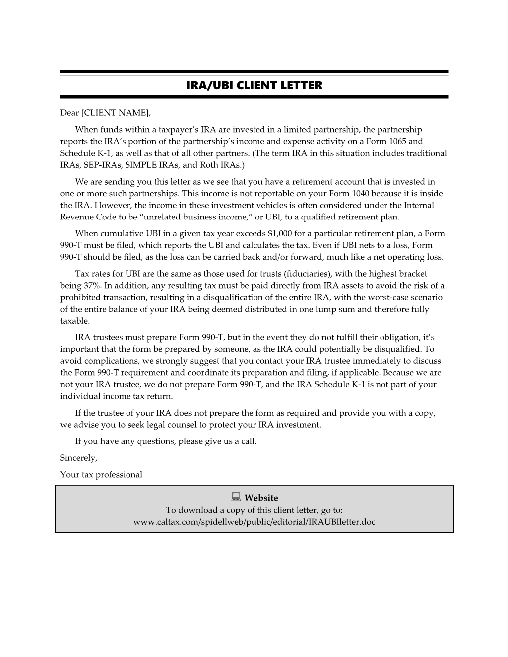 IRA/UBI Client Letter