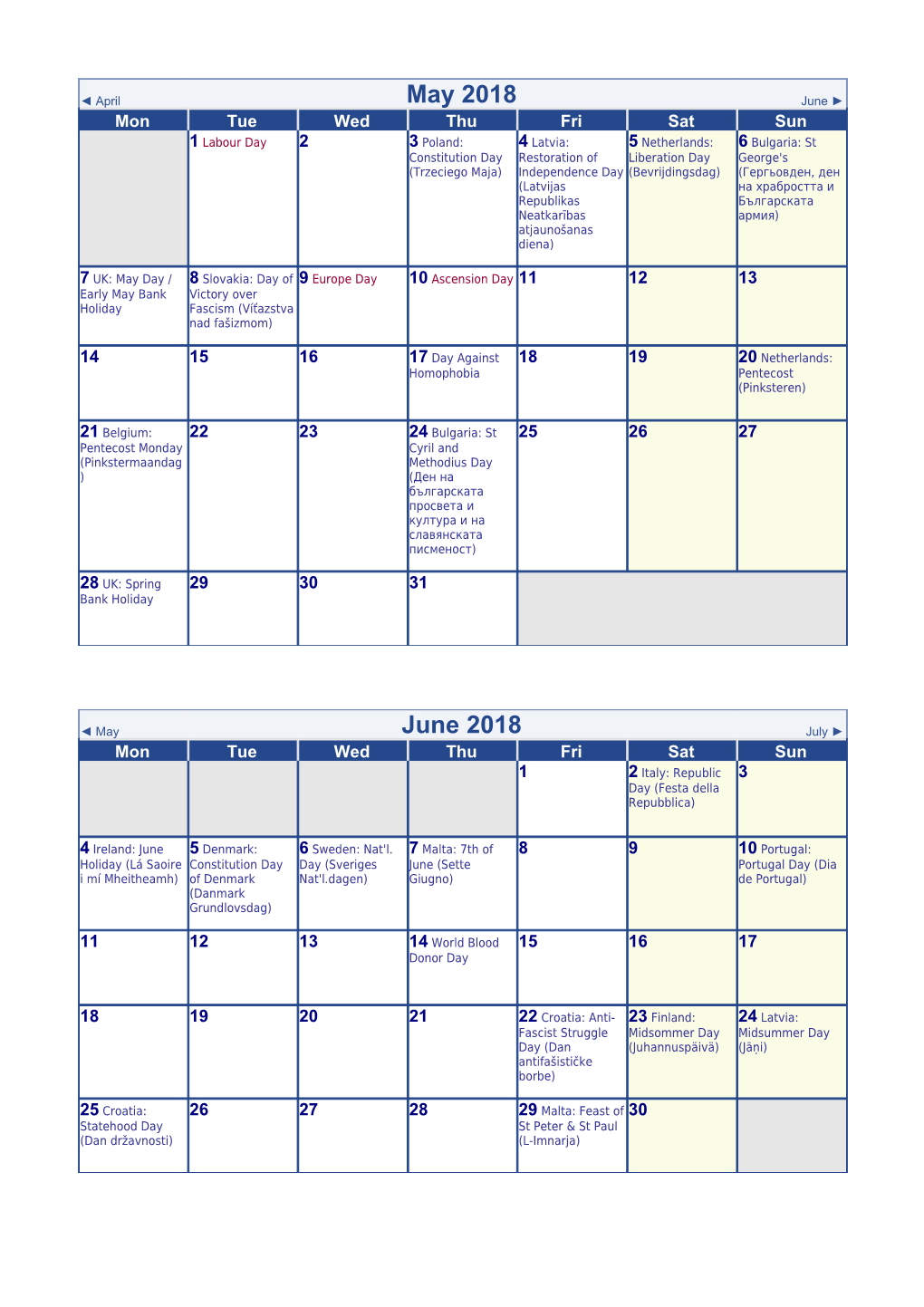 June 2018 EU Calendar with Holidays