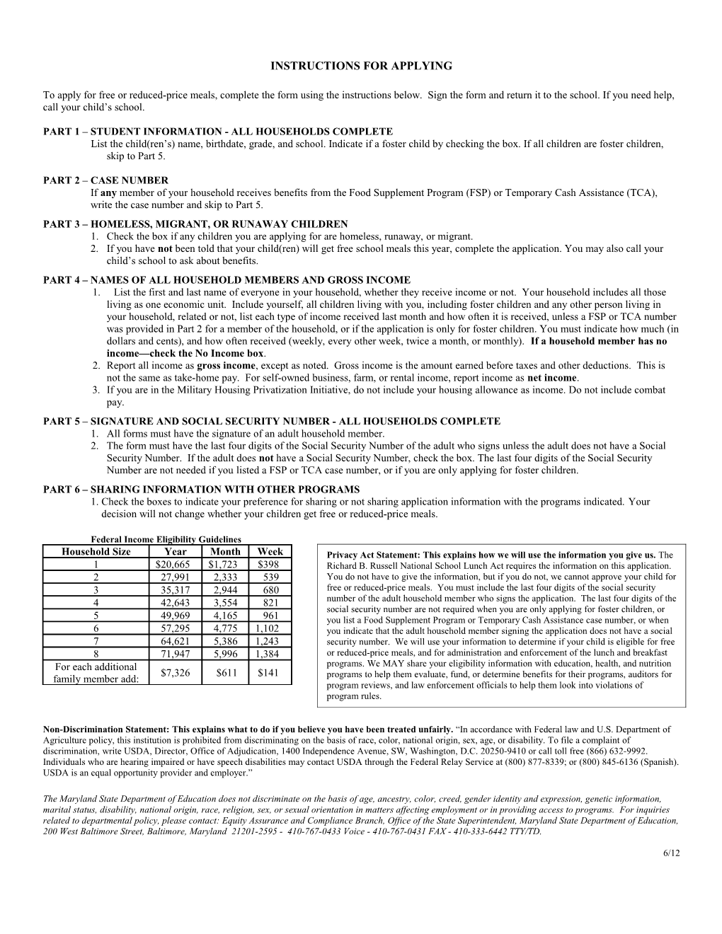 Part 1 Student Information - All Households Complete