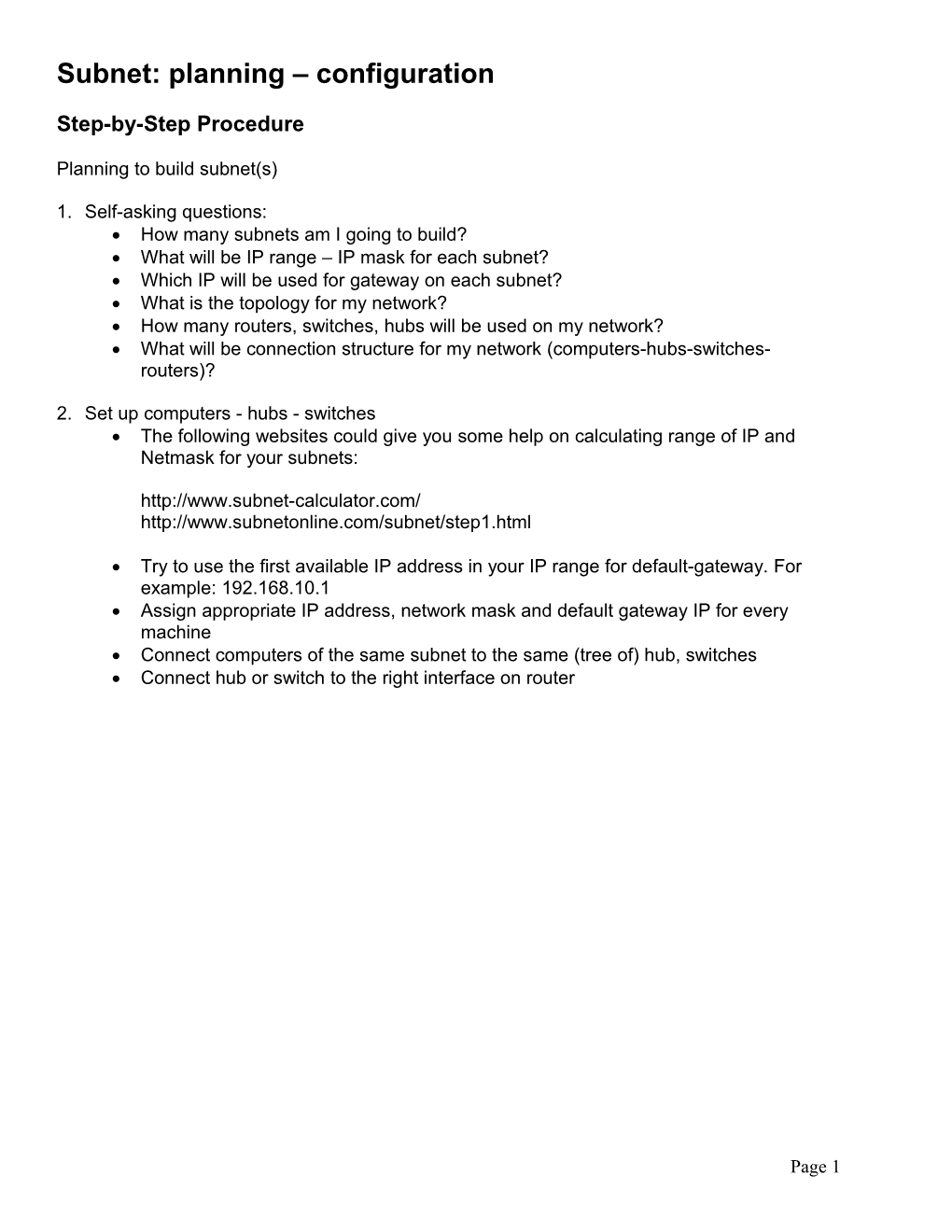 Subnet: Planning Configuration