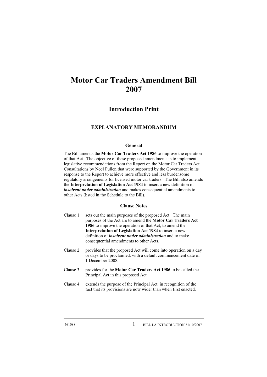 Motor Car Traders Amendment Bill 2007