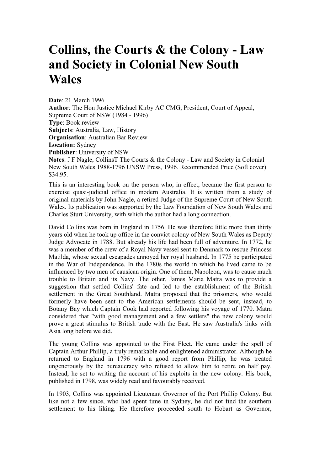 Collins, the Courts & the Colony - Law and Society in Colonial New South Wales