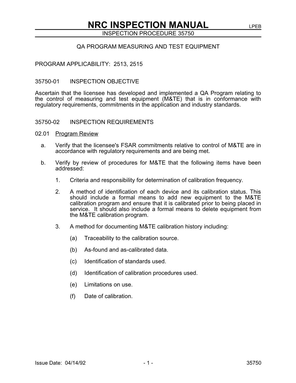 Nrc Inspection Manual Lpeb