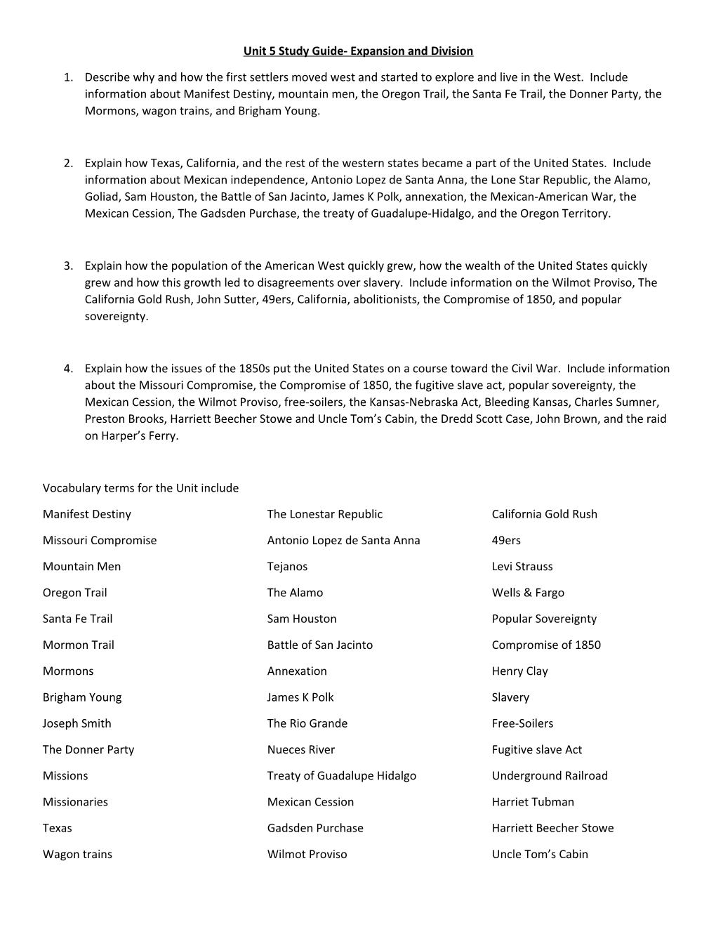 Unit 5 Study Guide- Expansion and Division