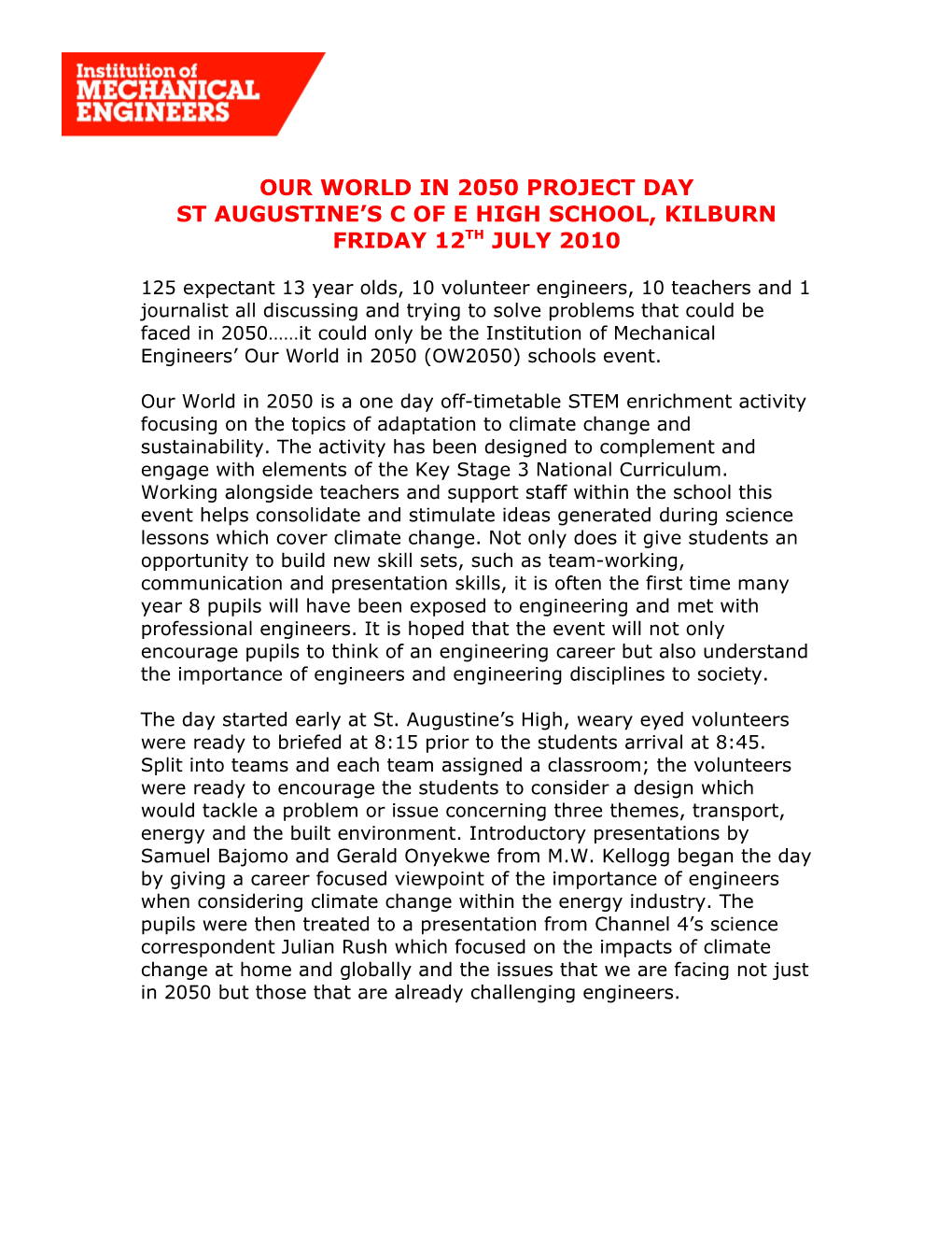 Our World in 2050 Project Day St Augustine S C of E High School Kilburn