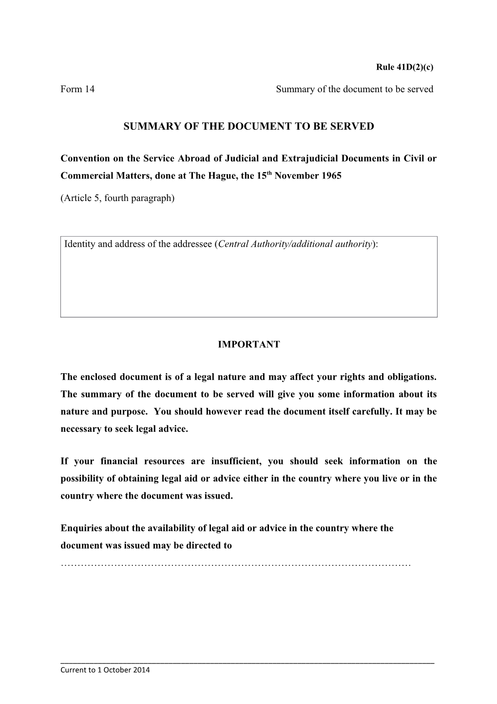 Form 14Summary of the Document to Be Served