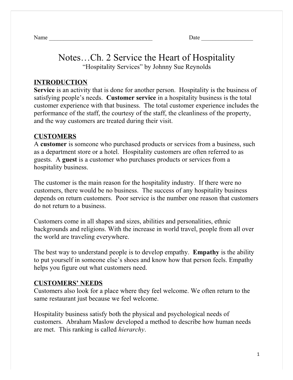 Notes Ch. 2 Service the Heart of Hospitality