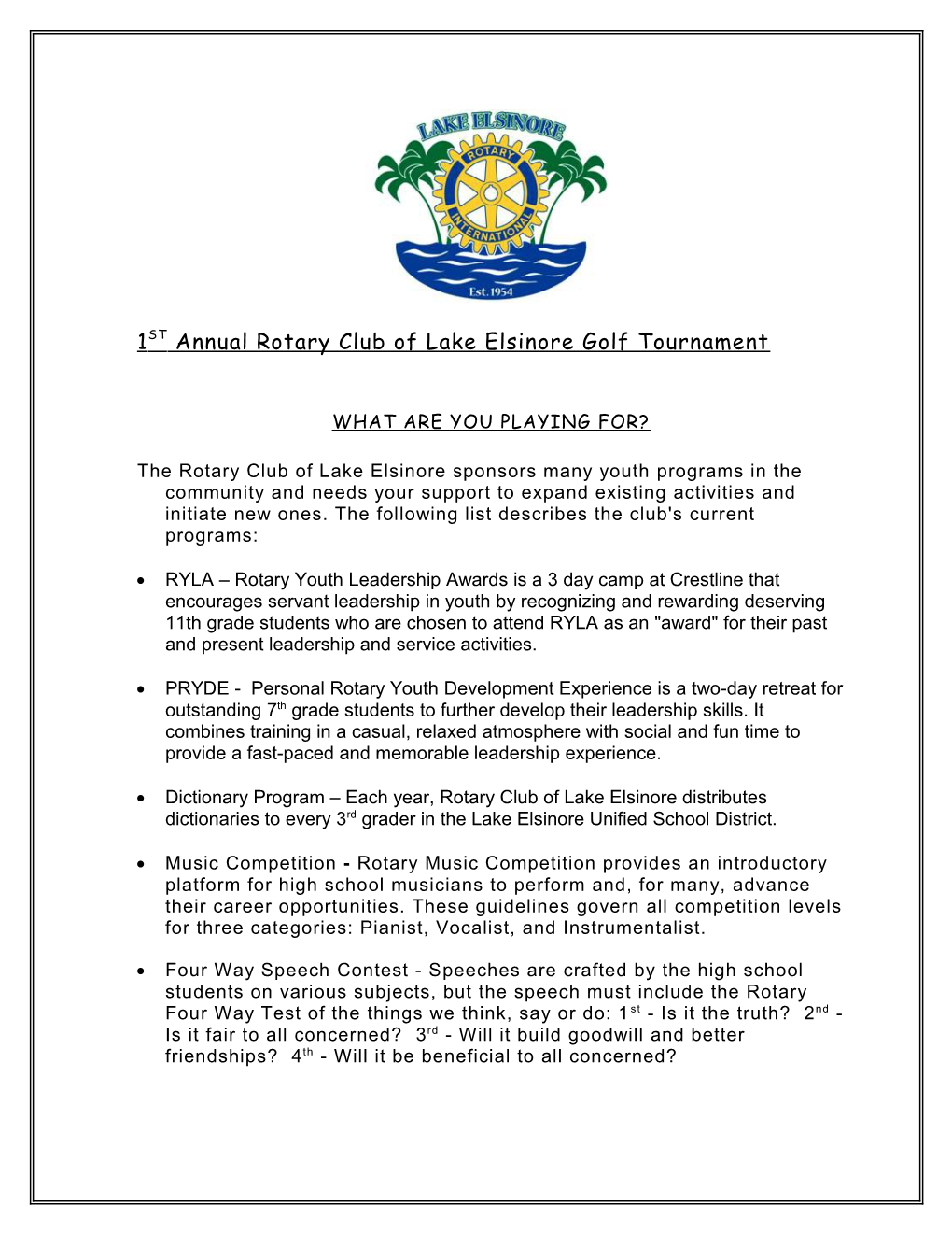 1ST Annual Rotary Club of Lake Elsinore Golf Tournament